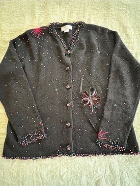 Ann Trinity Button Up Beaded Sweater Women’s Size M Artsy Whimsical Rainbow